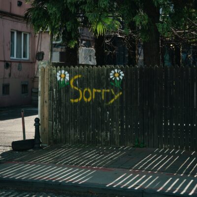 A photo of a wooden fence wish 'sorry' and two daises painted onto it